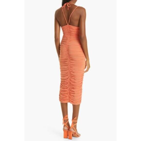 ALC Allegra Ruched Bead Embellished Midi Dress Bodycon Halter Orange Size Medium - Picture 4 of 12
